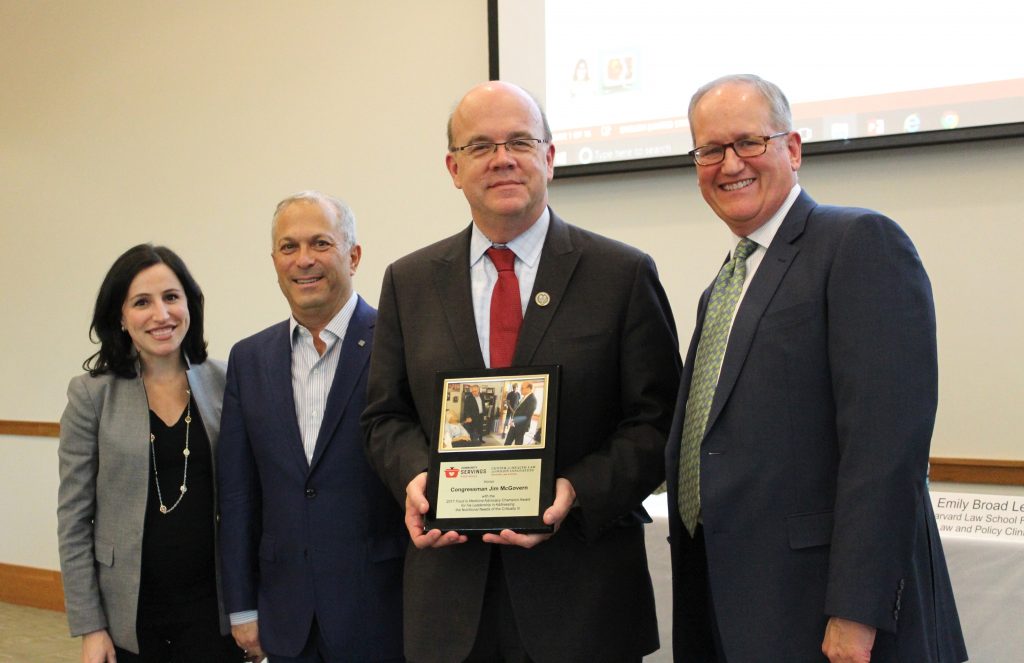 Emily Broad Leib from Harvard Law School Food Law and Policy Clinic; Robert Greenwald from the Center for Health Law and Policy Innovation; Congressman Jim McGovern, the first recipient of the Food is Medicine Advocacy Champion Award; and David Waters of Community Servings.